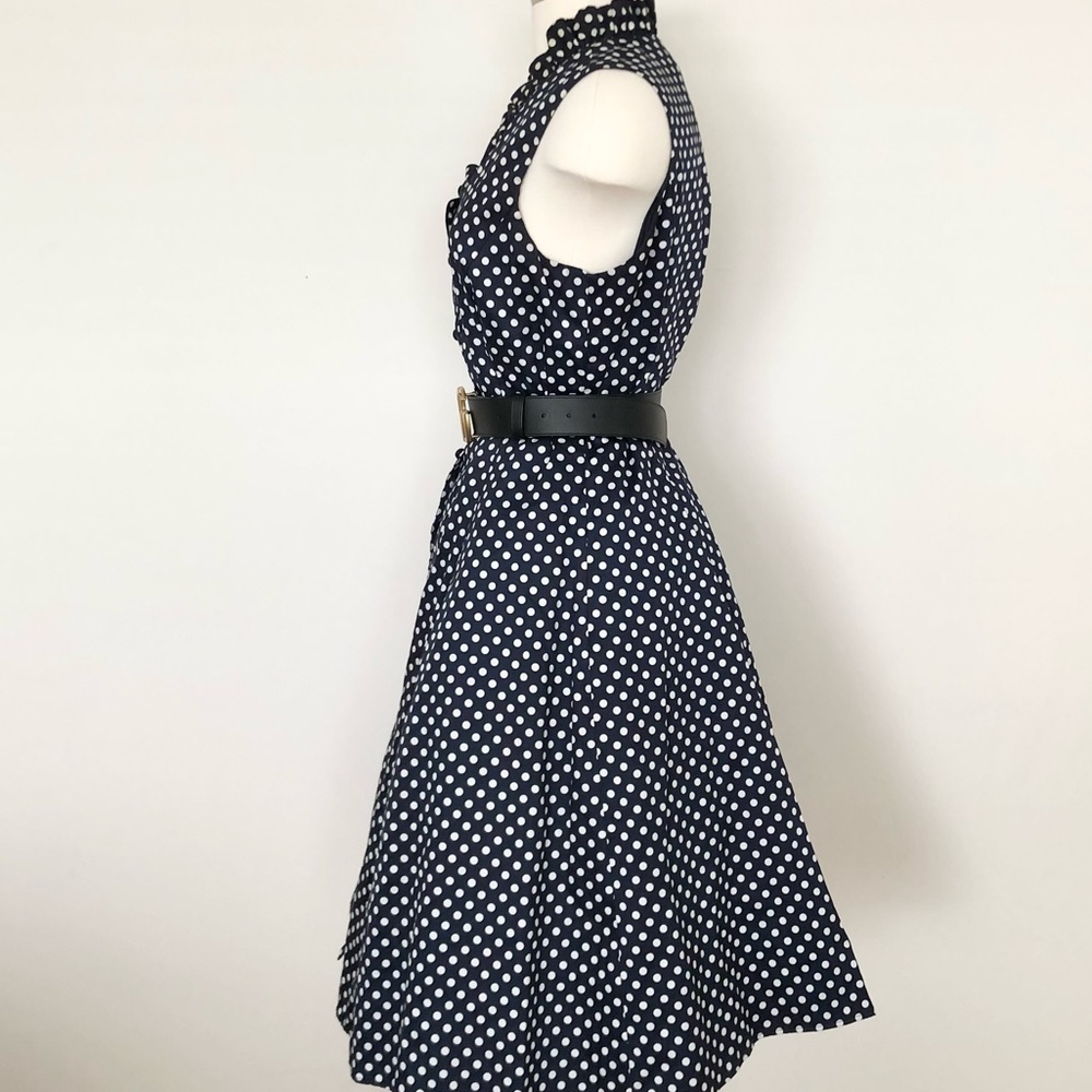 Navy Blue White Polka Dot V-Neck Ruffle Dress - Picture 5 of 9